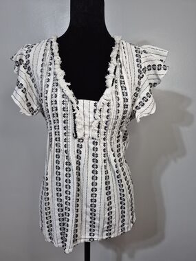 Hayden LA Boho Embroidered Stripe Blouse Tassel Tie Ruffle Sleeve Cotton Top L